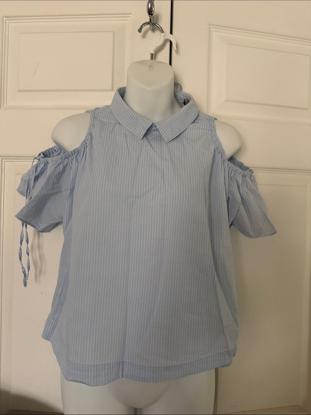 Zara Light Blue Pinstripe Cold-Shoulder Blouse with Tie Sleeves